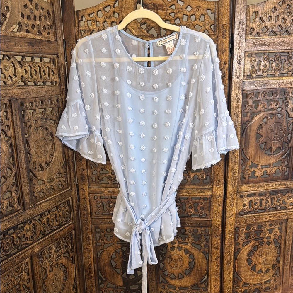 Flying Tomato Light Blue Sheer Blouse with White Polka Dots